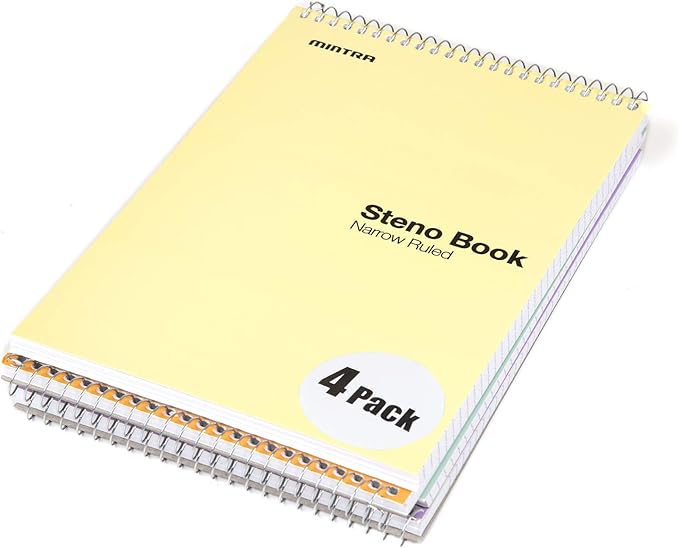Mintra Office Steno Book - (Pastel Colors, 4 Pads/Pack, Narrow Ruled) - 6inx9in, 70 Sheets, Notebook for writing notes in school, university, college, work, office