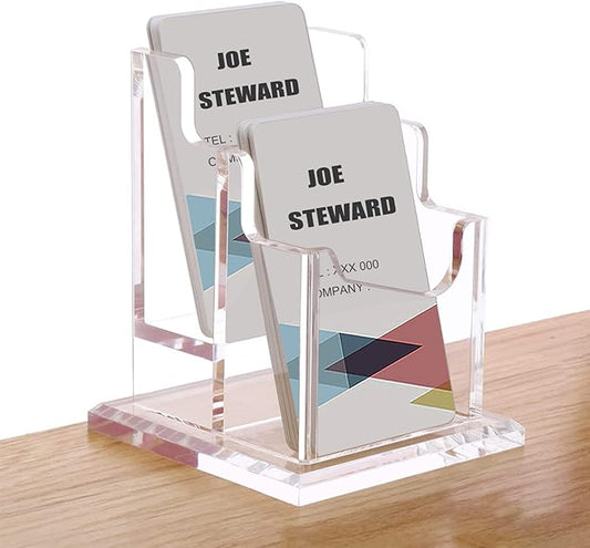 PARTSPOWER Acrylic Business Card Holder for Desk, Vertical Clear Business Name Card Display Stand, Desk Accessory Business Name Card Organizer (Vertical, 2-Slot)