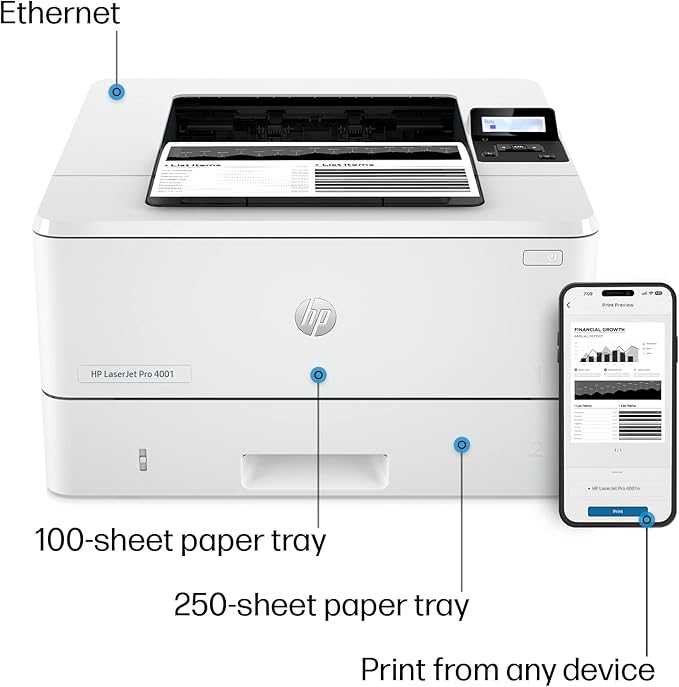 HP LaserJet Pro 4001n Black & White Printer, Print, Fast speeds, Easy setup, Mobile printing, Advanced security, USB, Ethernet Connection, Best-For-Office