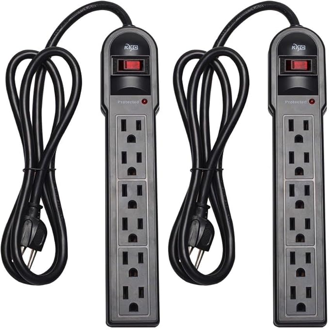 KMC 6-Outlet Surge Protector Power Strip 2-Pack, 900 Joules, 4-Foot Extension Cord, Overload Protection, Black