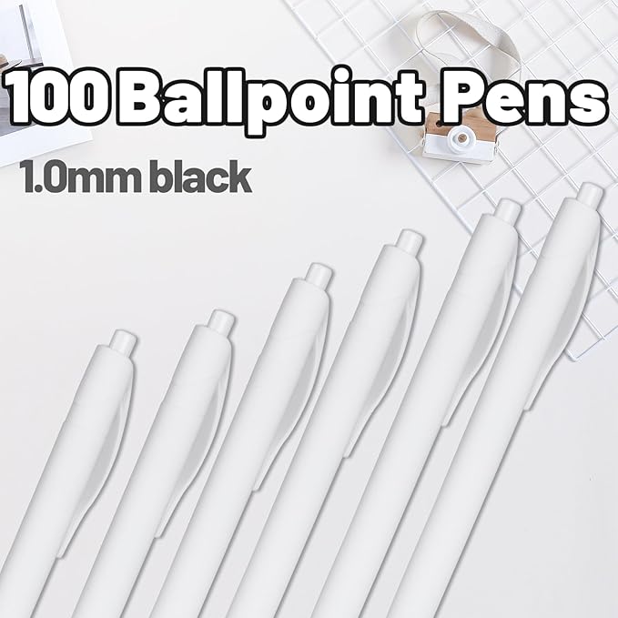 BallPoint Pens, 100 Pack (BLACK Ink),Bulk Pens, White Barrel,Click Pens for Office Home and School, Retractable Ballpoint Pens, Medium Point, 1.00MM (White)