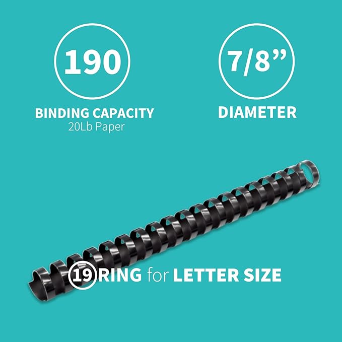 Binditek 50 Pack Plastic Binding Comb Spines, 7/8 Inch Diameter, 190 Sheet Capacity, 19 Ring, for Letter Size, Black, for Students and Coworkers