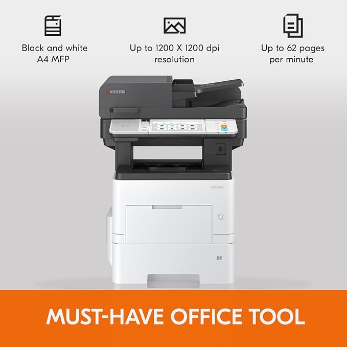 KYOCERA ECOSYS MA6000ifx All-in-One Monochrome Laser Printer (Print/Copy/Scan/Fax), 62 ppm, Up to Fine 1200 dpi, Gigabit Ethernet HyPAS Capable, 7 inch Touchscreen Panel, 512 MB