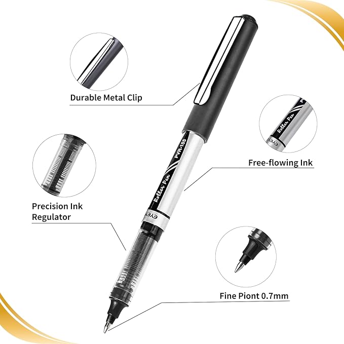 EYEYE 50 Pack 0.7mm Black Rollerball Pens, Medium Point Roller Ball Pen Quick Dry, Liquid Ink Pens Fine Point Smooth Writing Pen for Journaling, Note Taking, Office and School Supplies