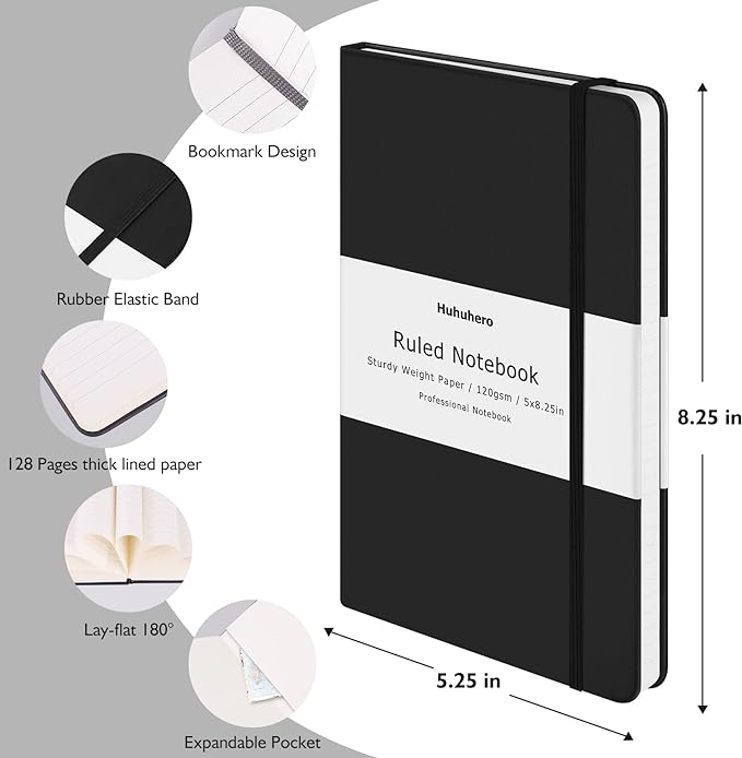 Huhuhero 10 Colors Lined Journal Notebook, A5 Hardcover Notebooks for Work, 120GSM Thick Paper, 128 Pages College Ruled Notebook for Writing Business Journaling, 5"×8.25"