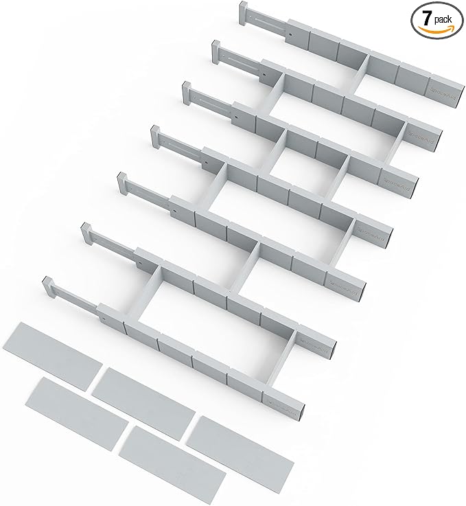 SpaceAid Bamboo Drawer Dividers with Inserts and Labels, Kitchen Adjustable Drawer Organizers, Expandable Organization for Home, Office, Dressers, 7 Dividers with 15 Inserts (17"-22" Gray)
