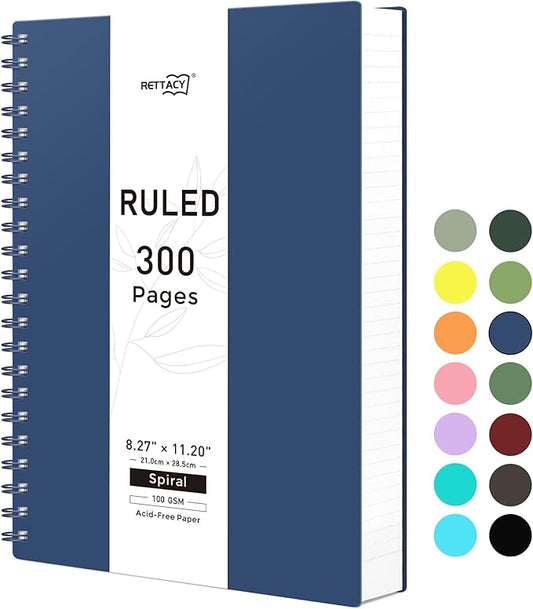 RETTACY Spiral College Ruled Notebook, 300 Pages, A4 Large Size (8.2" x 11.2"), for School, Work, Writing, Journaling, 100 GSM Thick Paper, Flexible Plastic Cover (Navy Blue)
