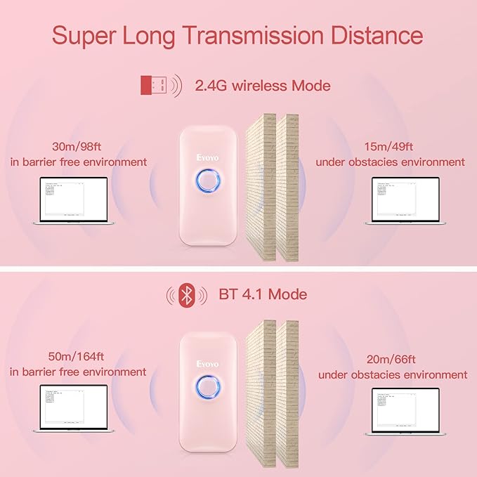 Eyoyo Mini 1D Bluetooth Barcode Scanner, 3-in-1 Bluetooth & USB Wired & 2.4G Wireless Barcode Reader Portable Bar Code Scanning Work with Windows, Android, iOS, Tablets or Computers(Pink)