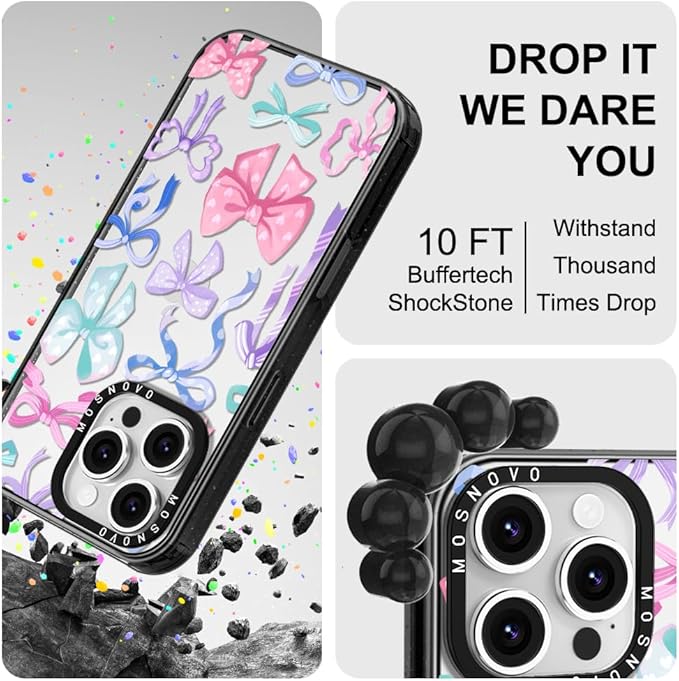 MOSNOVO Case for iPhone 16 Pro, [10ft 4X Military-Grade Drop Protection] Durable & Shockproof Phone Case Cover Design for iPhone 16 Pro - Bows - Clear Black