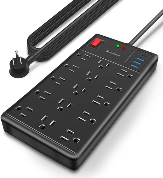 Surge Protector Power Strip 15 ft cord-15 Widely Spaced Outlets and 4 USB Ports(1 USB C Port),14 AWG Extension Cord,1875W/15A Heavy Duty Power Strip Surge Protector 15 ft Cord,2800J,Black