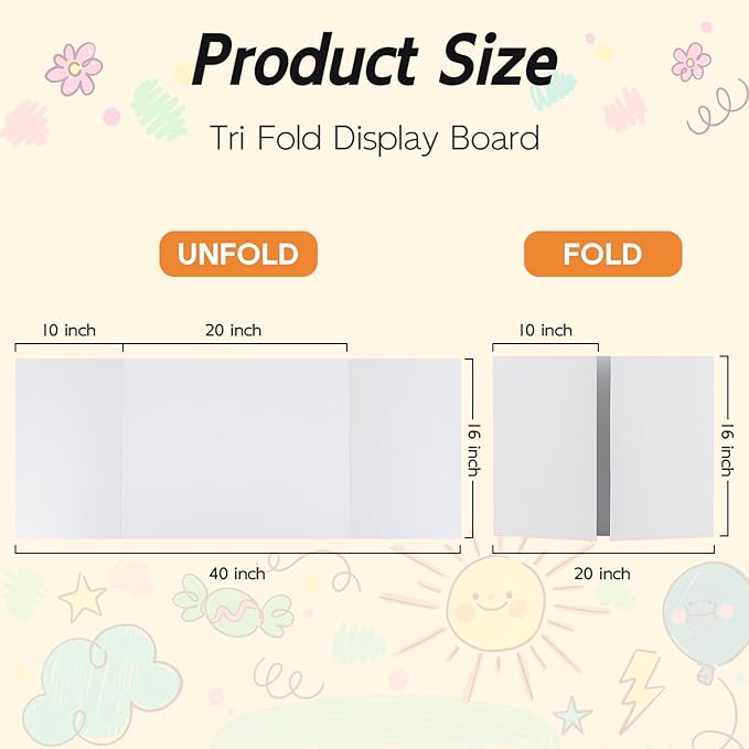 12 Pack Trifold Poster Board, 16x40 Inches White Presentation Board, Portable Display Board for Science Fair, School DIY Project and Business Exhibitions