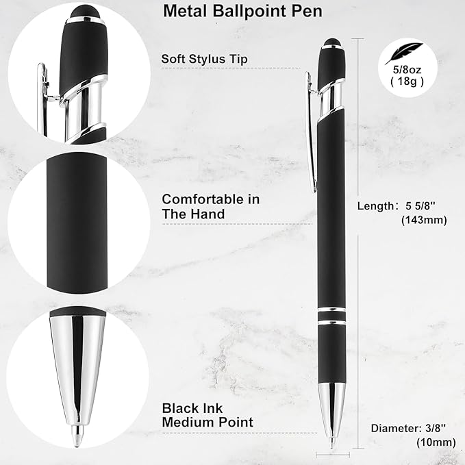 LINFANC 12 Pack Black Silver Ballpoint Pen with Stylus Tip, 1.0 mm Black Ink Smooth Writing Pens, Metal Stylus Pens for Touch Screens