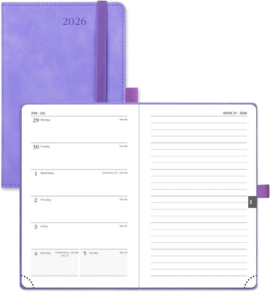 POPRUN Weekly Planner 2026 Pocket Size Calendar (4" x 6.25") 12 Months Notebook with Horizontal Layout, Leather Soft Cover, Inner Pocket, 100GSM Thick Paper, Pen Holder - Lilac