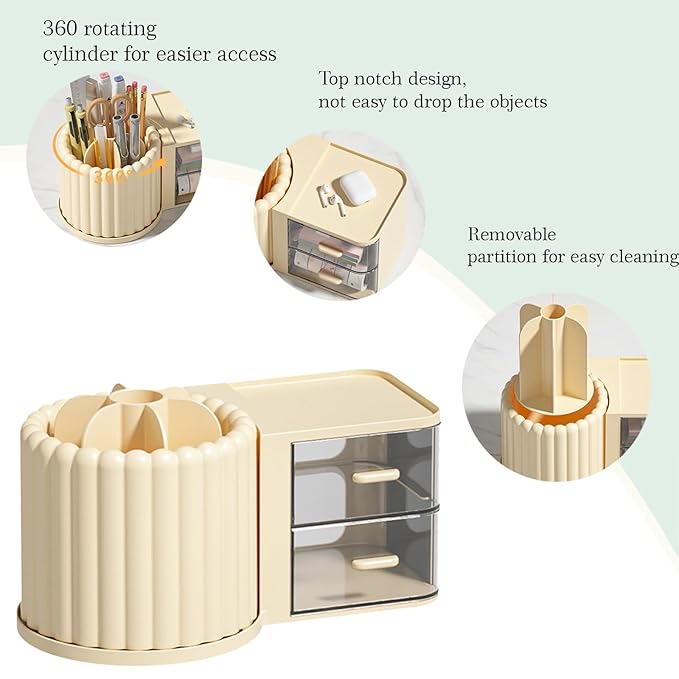 Anyoifax 360 Rotating Makeup Brush Holder 7 Slots Makeup Organizer with Drawer Removable Spinning Cosmetic Storage Pen Holder for Vanity, Dresser, Desk, Beige