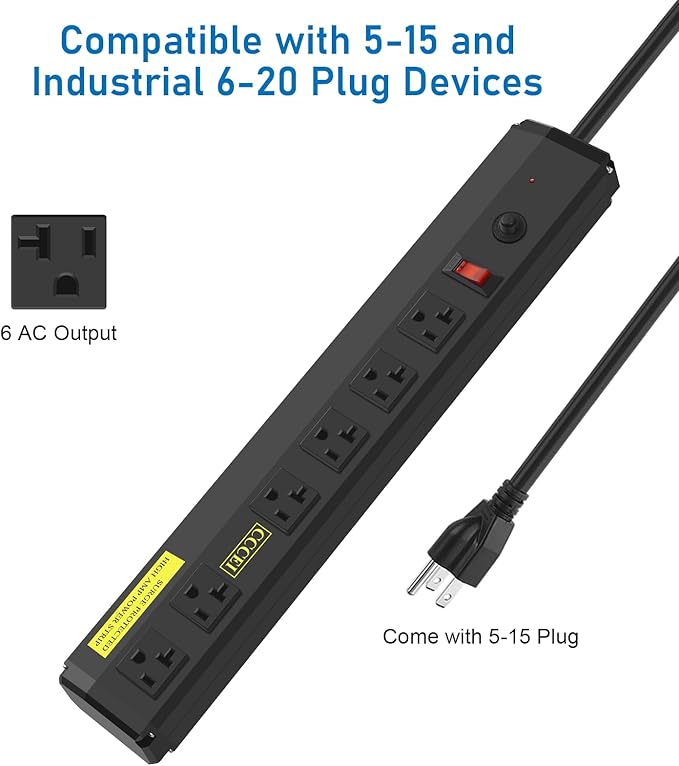 CCCEI Heavy Duty Power Strip Surge Protector 20 Amp, High Amp Industrial Shop Garage Metal Multiple Outlets, 15 FT 12 Gauge 5-15P Extension Cord 6 Outlet 6-20R T-Slot 20a for Appliance. Black.