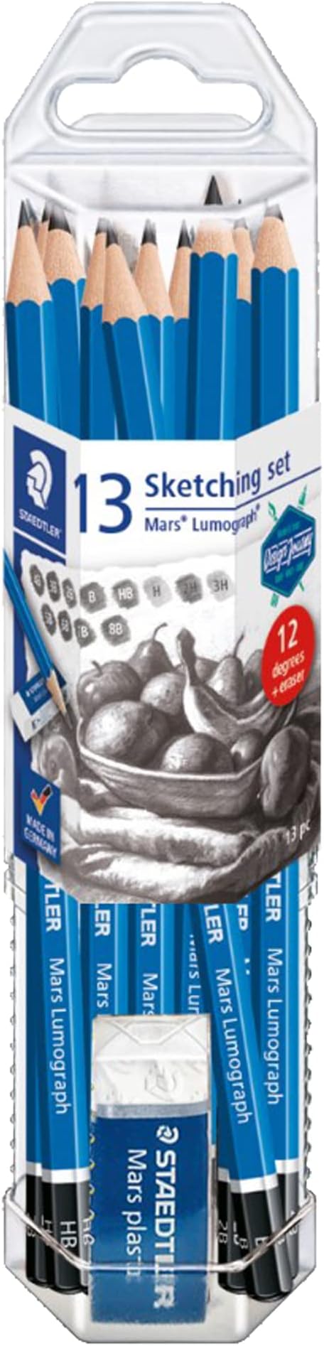 STAEDTLER Mars Lumograph Graphite Artist Pencil Pack, 12 Degrees (8B, 7B, 6B, 5B, 4B, 3B, 2B, B, HB, F, H, 2H), Mars Plastic Eraser, 61 100 P