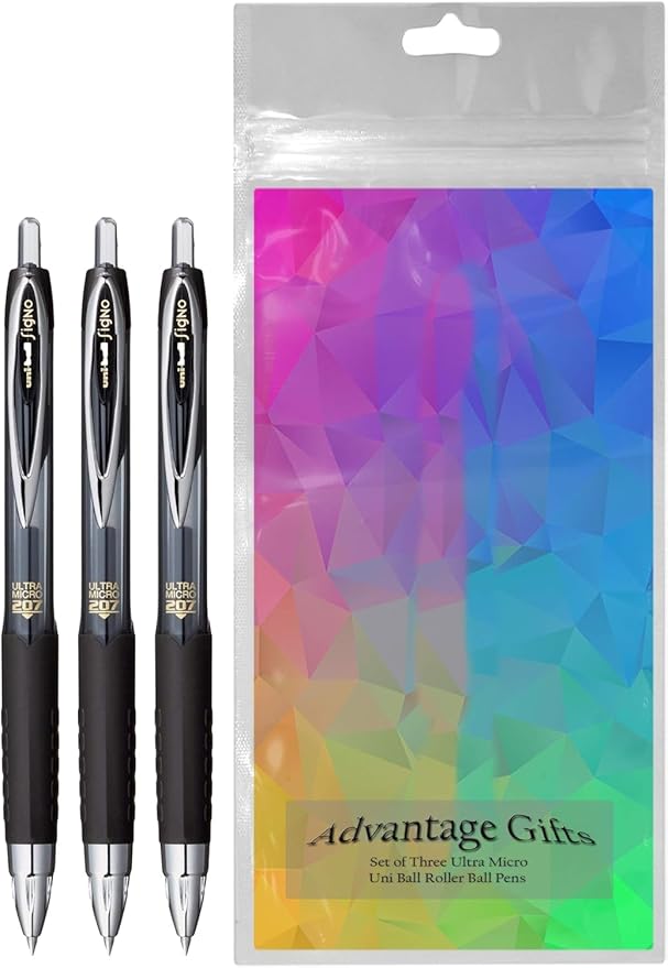 Signo 207 Roller Ball Retractable Gel Pens, Ultra Micro Point (0.38mm), Black Ink, 3 Count, Bundle with Plastic Reusable Pouch