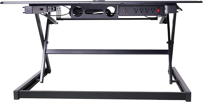 Rocelco 40" Height Adjustable Standing Desk Converter with AC Outlet USB Charger and Anti-Fatigue Floor Mat - Sit Stand Up Tabletop Riser - Sliding Keyboard Tray - Black (R DADRB-40-ACUSB-MAFM)