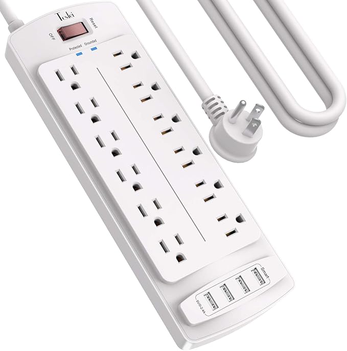 Power Strip, Tcstei Surge Protector with 12 Outlets and 4 USB Ports, 10 Feet Extension Cord (1875W/15A) for Home, Office, Dorm Essentials, 2700 Joules, ETL Listed, White
