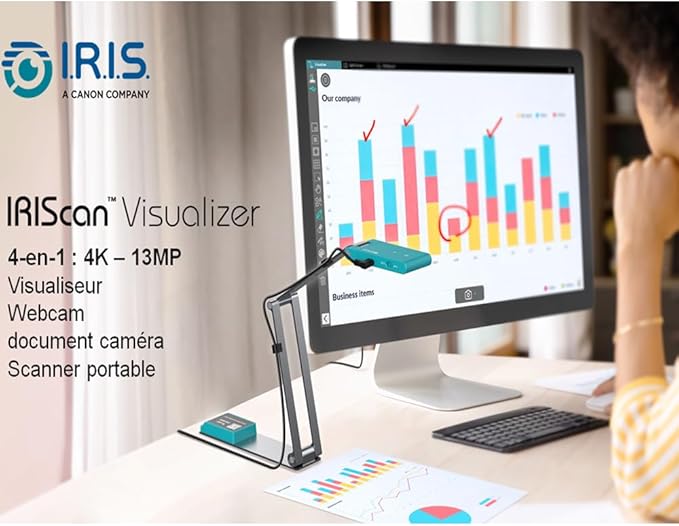IRIScan Visualizer Webcam Document Camera v7:4K UltraHD-13MP,4in1,Free Readiris PDF OCR,visualizer,Scanner A3,Portable Scanner,Web Conferencing,Distance Learning,AI Micro,Led,USB,WinMac