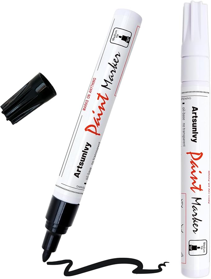 Permanent Paint Pens Paint Markers - 2 Pack Black & White Oil Based Quick Dry Waterproof Markers For Tire, Rubber,Wood, Rocks, Metal, Canvas