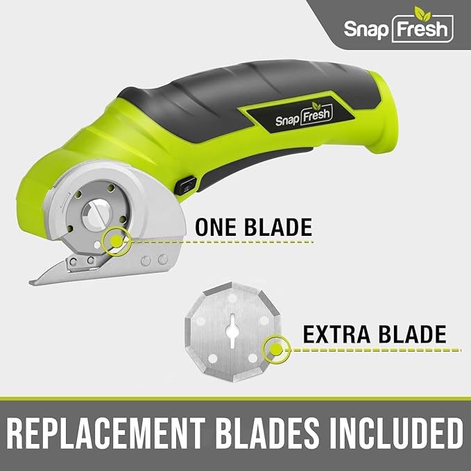 SnapFresh Cordless Electric Scissors, 4V Electric Mini Box Cutter, Carpet & Cardboard Cutter Tool with a Replacement Blade/Charger, Rotary Cutter for Cardboard Packages Leather Plastic （Green）