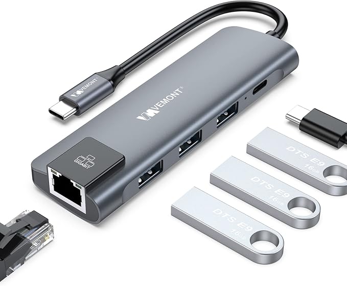 VEMONT USB C hub,5 in1 USB-C hub, Type-c multiport Adapter with Gigabit Ethernet, 3 USB 3.0 hub for Data, 100W Power Delivery, USB c hub for Laptop MacBook/ipad, and Other USB C Devices