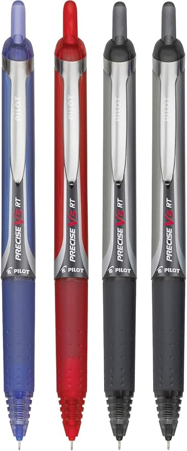 Precise V5 RT Retractable Rolling Ball Pens, Extra Fine Point (.5mm), Assorted Colors Black/Blue/Red Ink, 4-pk; Premium Comfort Grip, Bundle with Plastic Reusable Pouch