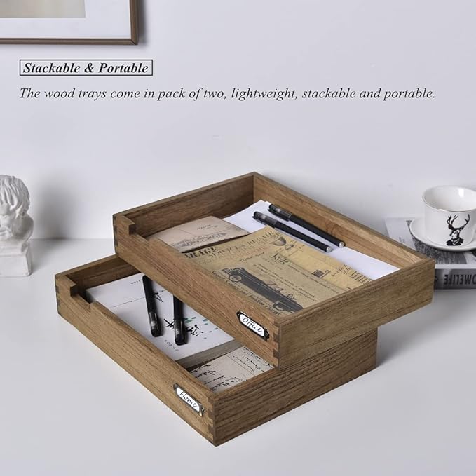 KIRIGEN Wooden Stackable Office Letter Organizer Desk Tray Pack of 2 - Wood Two Tier Tray for Desktop Organizeration with Metal Label Card Holder - Inbox Tray for Desk,Dark Brown 2TTP-DBR