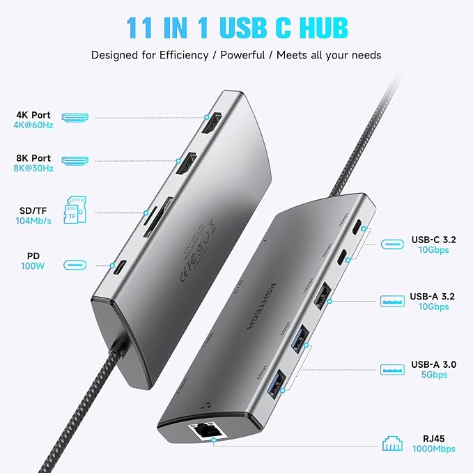USB C Docking Station Dual Monitor, RSHTECH 11-in-1 USB C Hub Multiport Adapter with 2 HDMI 4K/8K, 3 USB 3.2 Ports 10Gbps(2C+1A), 2 USB 3.0 Ports, 100W PD, Gigabit Ethernet, SD/TF Card Reader
