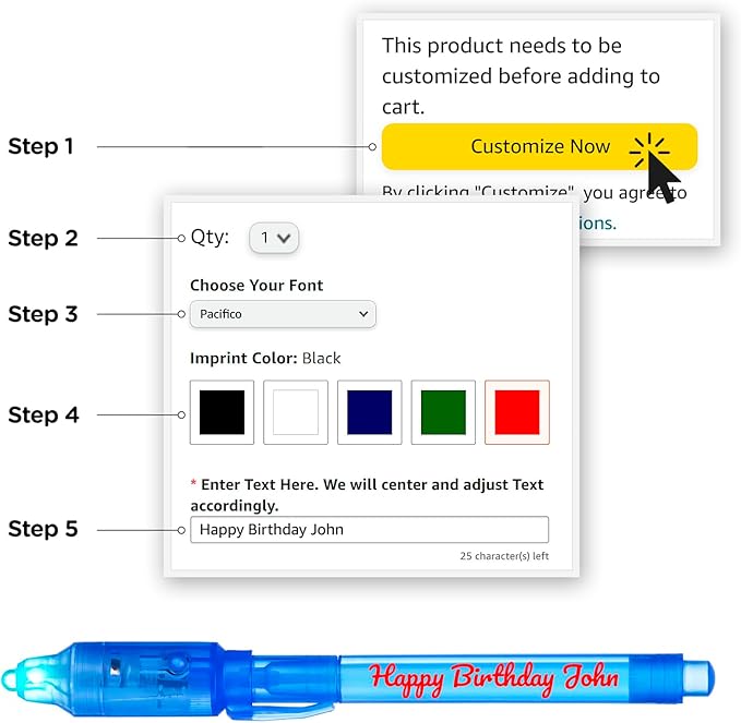 Personalized Invisible Disappearing Ink Pen Marker, Custom Secret Spy Message Writer with UV Light, Fun Activity Entertainment for Kid Party Favors Ideas Gifts and Stock Stuffers, 24 Pack, Blue