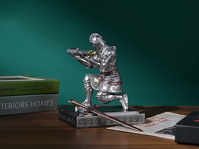 King's Guard Knight Pen Holder Pen Stand Desk Organizers and Accessories Resin Pencil Holder as Gift for Office and Home (Silver)