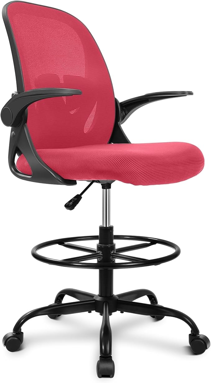 Primy Drafting Chair Tall Office Chair with Flip-up Armrests Executive Ergonomic Computer Standing Desk Chair with Lumbar Support and Adjustable Footrest Ring (Fire Brick)
