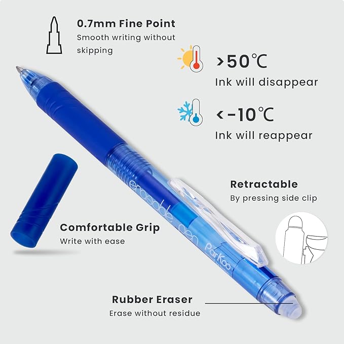 ParKoo 20 Pack Retractable Erasable Gel Pens Clicker, Fine Point 0.7 mm, Make Mistakes Disappear, Black Blue Pens for Writing, Journaling and Crossword Puzzles