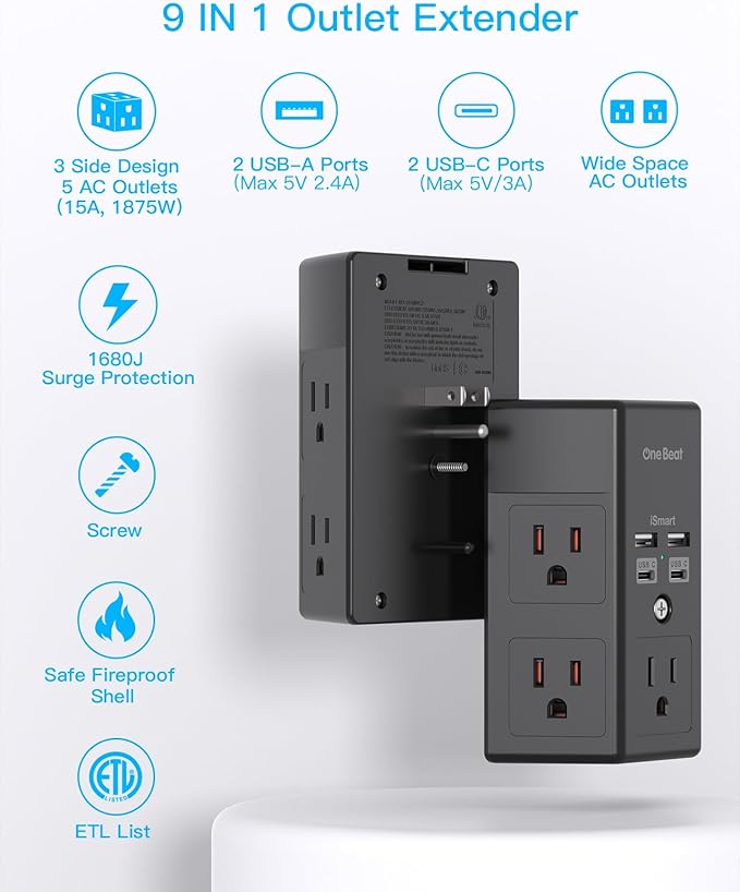 Surge Protector, 5 Outlets Extender with 4 USB Ports(USB C), 3-Side 1680J Power Strip Multi Plug Outlet Expander, USB Wall Charger, Outlet Splitter Adapter Wall Mount for Home Office ETL Listed（Black）