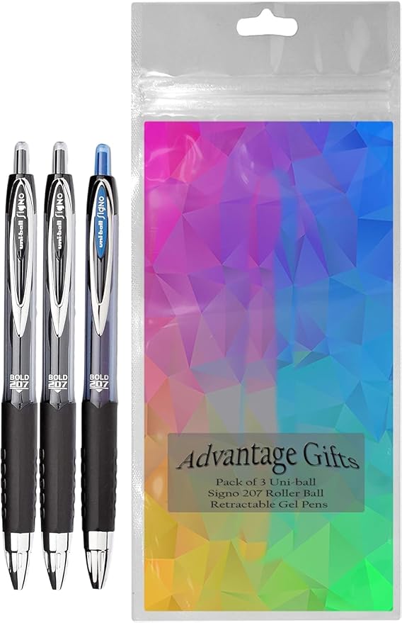 Signo 207 Roller Ball Retractable Gel Pens, Bold Point (1.0mm), Black And Blue Ink, 3 Count, Bundle with Plastic Reusable Pouch