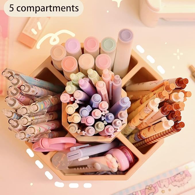 Desk Organizer, 360-Degree Rotating Multi-Functional Pen Holder, 5 Compartments Desktop Stationary Organizer, Home Office Art Supply Storage Box Caddy (White+Pink)