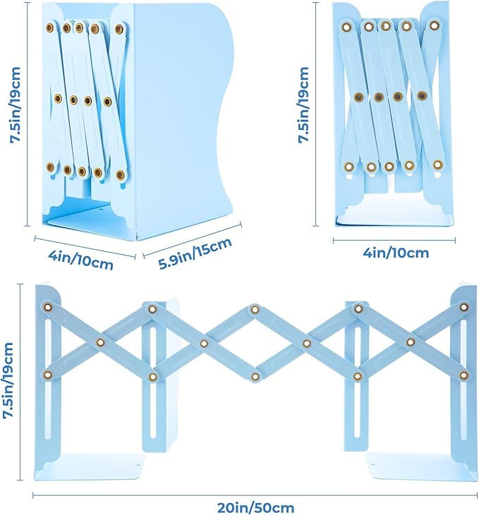 M&G Adjustable Bookends Book Ends for Shelves, Metal Bookend for Heavy Books, Desk Magazine File Organizer Holder Extends up to 20in, Book Stopper for Home, Office, Classroom (Blue)