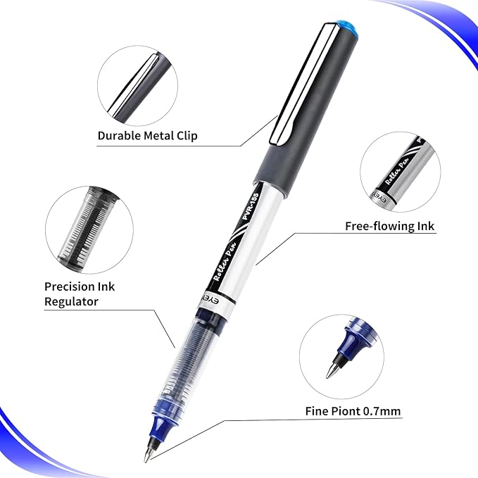 EYEYE 0.7mm Blue Pens Roller Ball, 12 Pack Medium Point Rollerball Pen Quick Dry, Liquid Ink Pens Fine Point Smooth Writing Pen for Journaling, Note Taking, Office, School Supplies