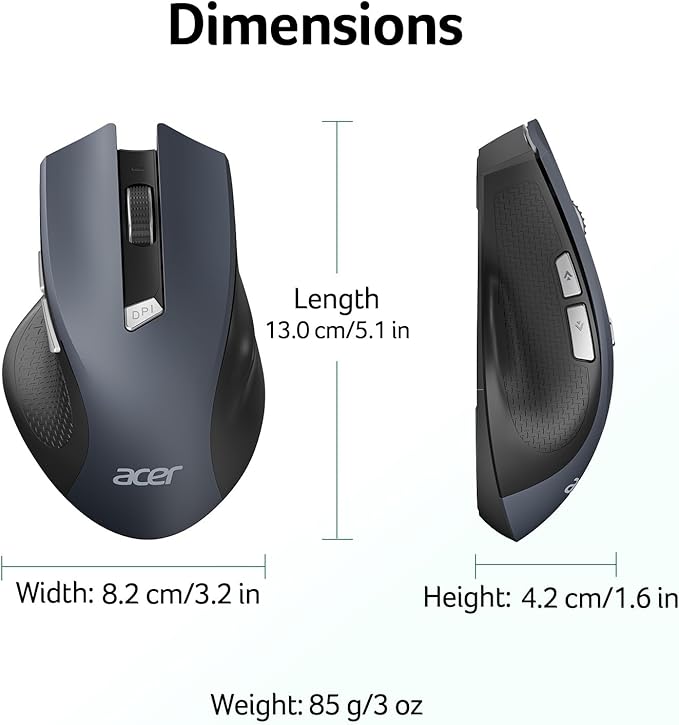 acer Wireless Mouse for Laptop, 2.4GHz Computer Mouse 3 Adjustable DPI Office Cordless USB Mice with USBA Receiver, 6 Buttons, 1600 DPI, Medium to Large Sized Hands Compatible with PC, Laptop, Desktop