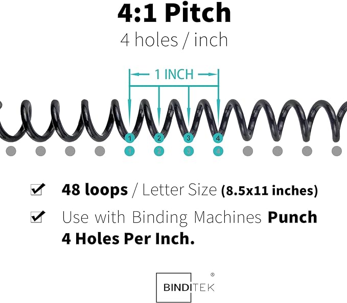 Binditek 100 Pack Plastic Spiral Binding Coils, 12mm(1/2"), 90 Sheet Capacity, 4:1 Pitch, Black, 48Loops, for Letter Size, for Students and Coworkers