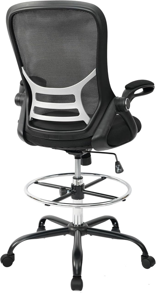 HYLONE Drafting Chair Tall Office Chair High-Back Mesh Standing Desk Stool with Adjustable Footrest Ring and Flip-Up Arms (Black)