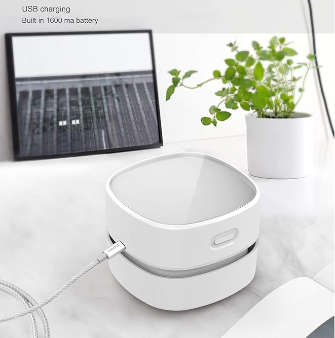 ODISTAR Desktop Vacuum Cleaner,Mini Table dust Sweeper Energy Saving with auto Power-Off Function,High Endurance up to 400 mins,Cordless&360º Rotatable for Keyboard/Home/Office (White USB Charging)
