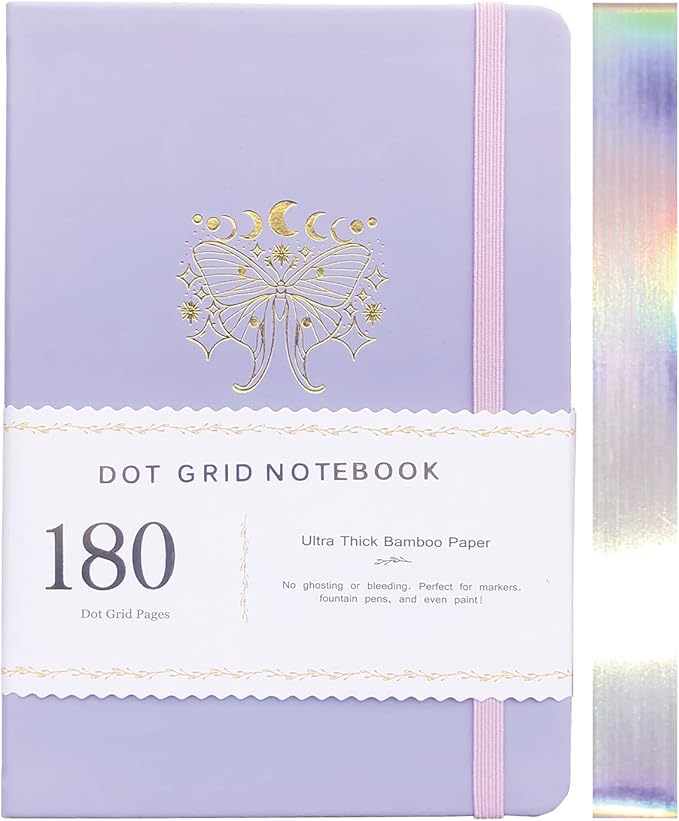 Dotted Notebook Journal 180GSM Bamboo Thick White Paper 160 Pages 5 * 5MM Dot Grid, Lay Flat Binding,Colored Silver Edges, Bookmarks and Expandable Back Pocket (BKP-5)