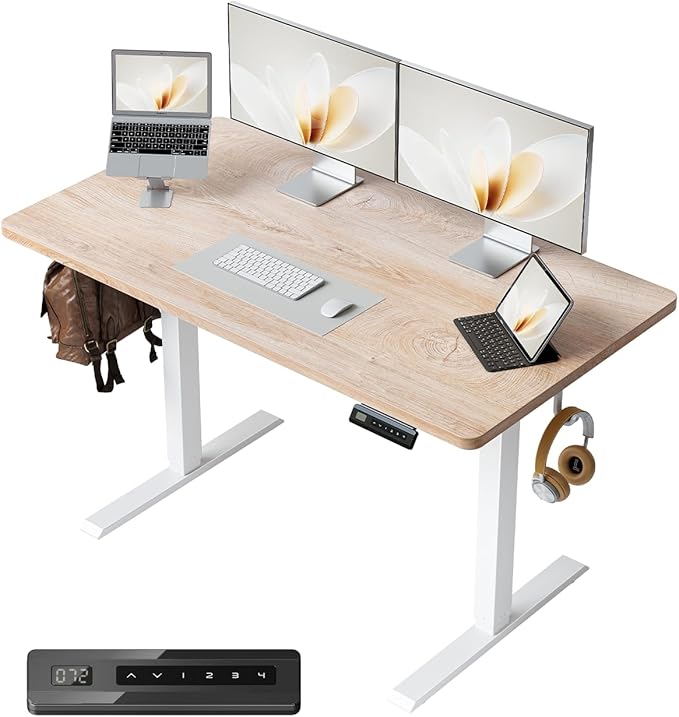 FEZIBO One-Piece Standing Desk Adjustable Height Stand up Home Office Desk, 48x24 Inch Electric Standing Computer Desk, with 4 Memory Presets, Fixable casters, Maple