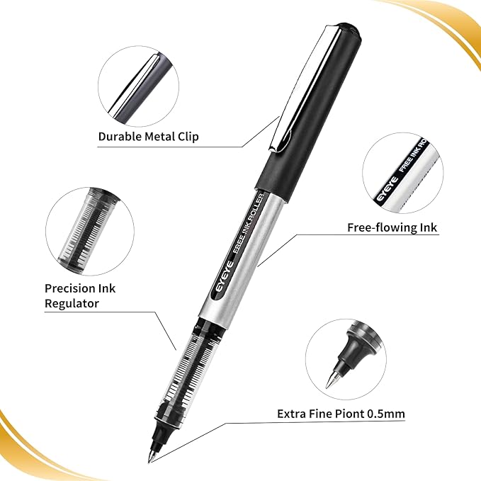 EYEYE 0.5mm Black Rollerball Pens 25 Pack, Extra Fine Point Roller Ball Pen Quick Dry, Liquid Ink Pens Fine Point Smooth Writing Pen for Journaling, Note Taking, Office, School Supplies