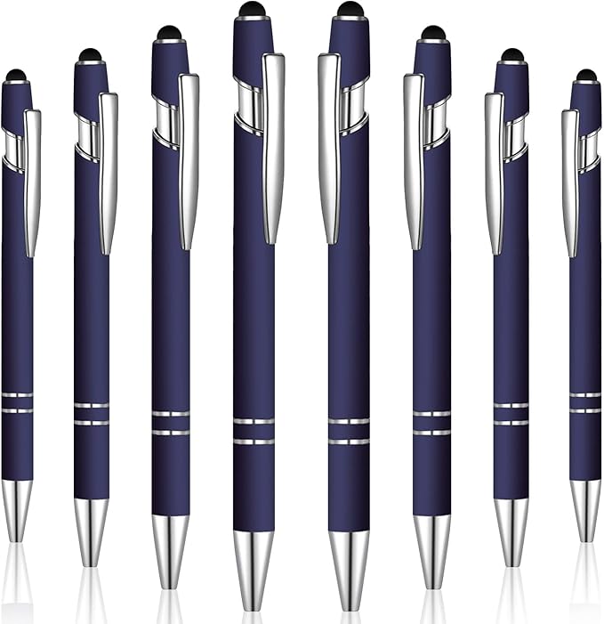 8 Pieces Ballpoint Pen with Stylus Tip Black Ink 2 in 1 Stylus Metal 1.0 mm Medium Point Smooth Pen Rainbow Colorful Rubberized Ballpoint for Touch Screen Tablet(Dark Blue)