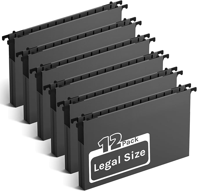 Ansook Plastic Legal Hanging File Folders,1”Expanding Accordian Pocket,Heavy Duty for Filing Cabinet,Insertable Tabs,Black Legal Size Hanging Folders,Hard and Durable Hang Folders,Black,12 Pack