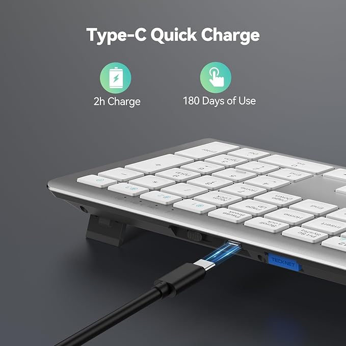 TECKNET Bluetooth Keyboard Rechargeable, 4-Device Free Switching (2.4G+BT), Ultra-Slim Full Size Wireless Keyboard, Quiet Typing, for PC/Laptop/Smart TV/Phone, Adjustable Stand, 12 Multimedia Keys