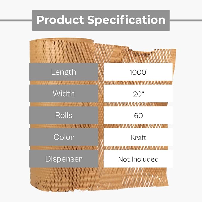 PSBM 60 Roll Honeycomb Packing Paper, 20 Inch x 1000 Feet Bubble Cushioning Wrap For Shipping Materials, Recyclable Honeycomb Paper
